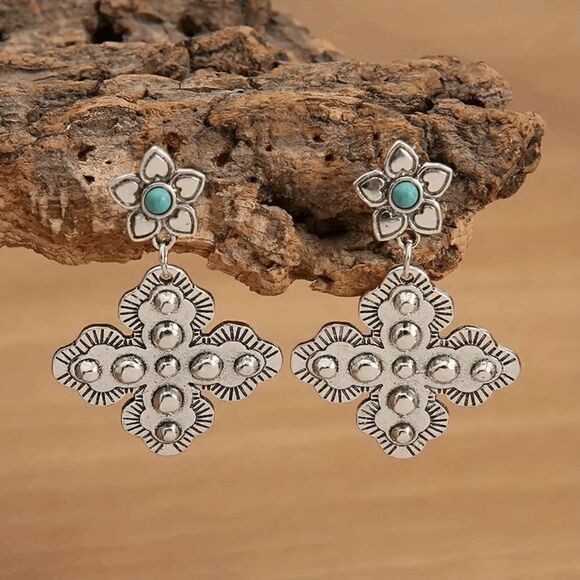Western Flower Cross Silver Plated Turquoise Dangle Earrings - Picture 3 of 6